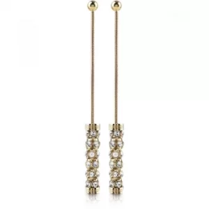 image of GUESS gold plated drop earrings with vertical coiled pave Swarovski crystal bar.