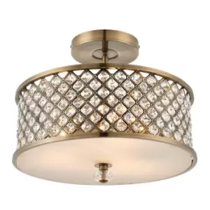 Image of Hudson 3 Light Flush Ceiling Light Antique Brass, Crystal, E27