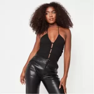 image of Missguided Halterneck Mesh Button Front Bodysuit - Black