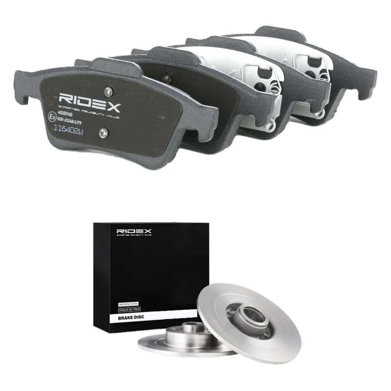 Image of RIDEX 3405B3305 Brake disc and pads set Rear Axle, Brake Disc Type: Solid, not prepared for wear warning indicator Brake Set,disc brakes (3405)