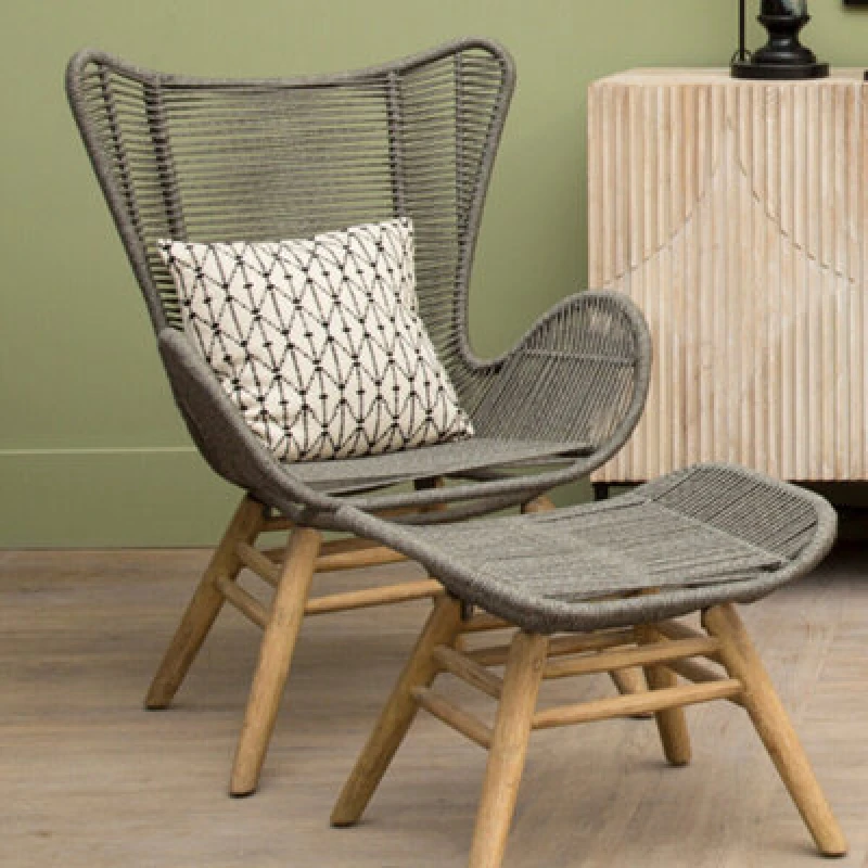 Image of Orsina Grey Rope Lounge Chair And Footstool, High-Back Space-Saver Couch Chair, Improves Body Posture Footrest