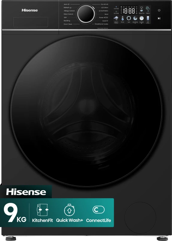 Image of Hisense KitchenFit 3i Series WF3I9043BBFS2 9KG WiFi Connected Washing Machine with 1400 rpm - Black - A Rated