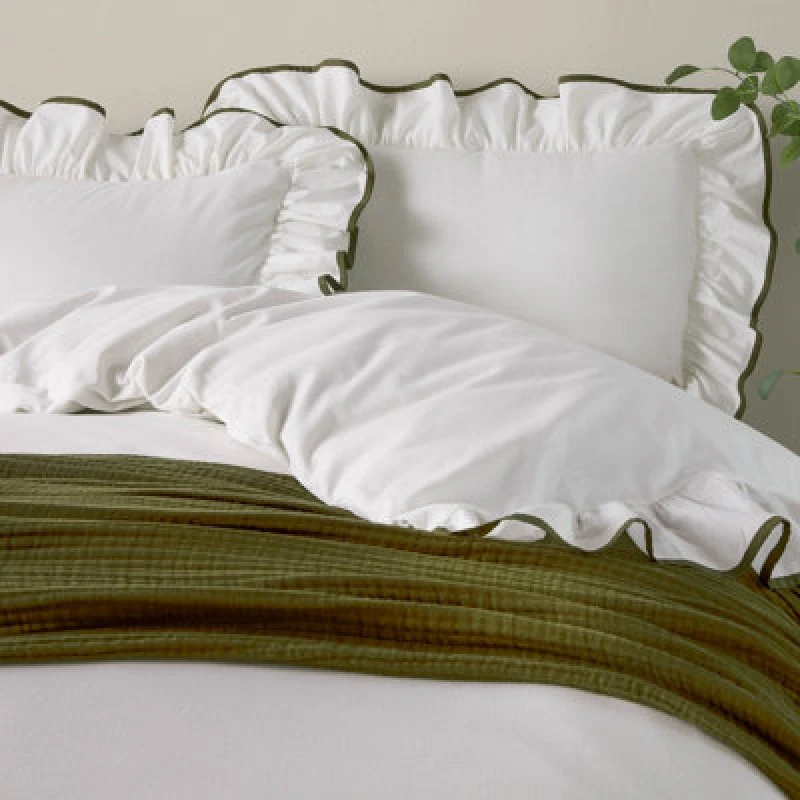 Image of Wylder Blousey Ruffled 100% Cotton Pillowcase Pair in Olive Olive Unisex