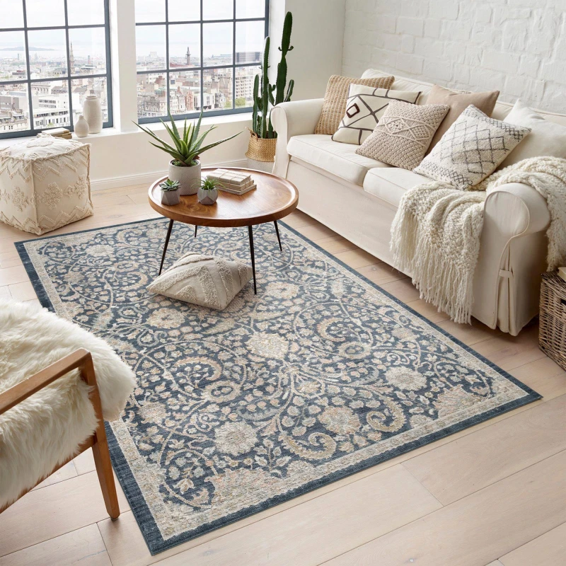 Image of Maia Washable Low Pile Non Slip Blossom Traditional Area Rug - Navy, 120 X 180 Cm (Rectangular)