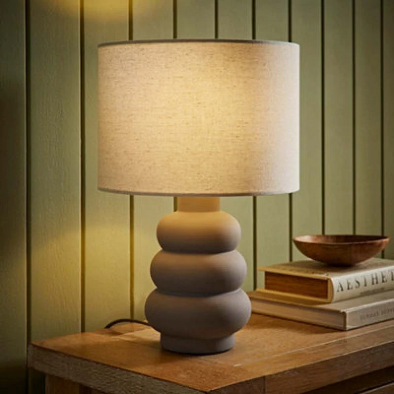 Image of ValueLights ValueLights Rochella Natural Linen Drum Shade Grey Bubble Stack Ceramic Stonewear Table Lamp in Off White Off White One Size Unisex 501652
