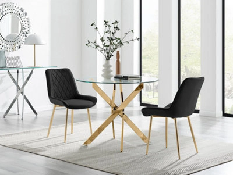 Image of FurnitureboxUK FurnitureboxUK Novara 100cm Round Gold Leg Dining Table & 2 Pesaro Gold Leg Chairs in Black One Size Unisex 5056784304631