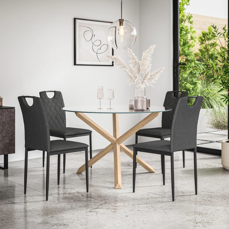Image of More4Homes Malvern Round Dining Table And Chairs - Clear Glass Table Top W Solid Oak Legs + Monza Fabric Dining Chair Set Of 4 (Charcoal)