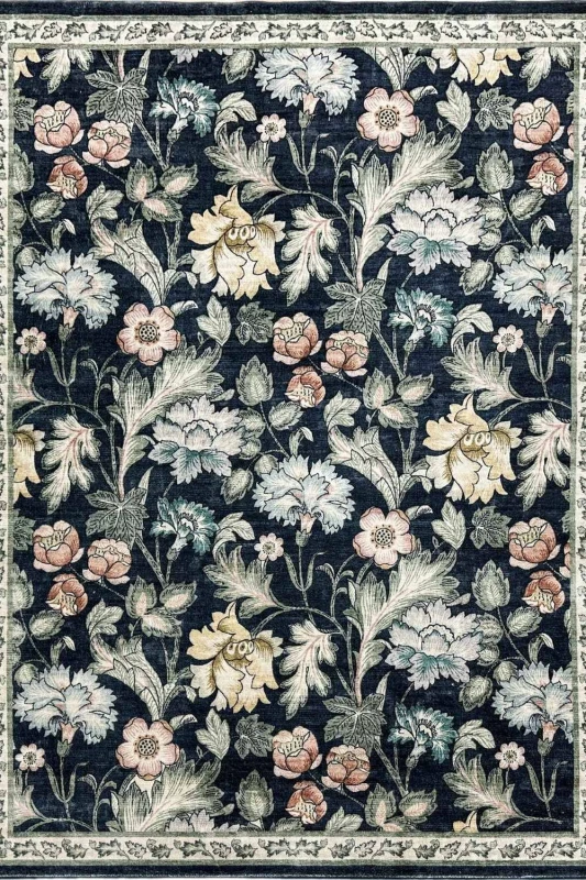 Image of THE RUGS Classical Collection Midnight Florals Soft Pile Black Rug & Runner Size: 120cm x 160cm Black Unisex 120cm x 160 cm