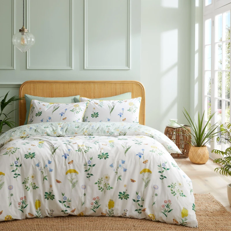 Image of RHS Botanical Cottage Garden 200 Thread Count White Cotton Reversible Duvet Cover and Pillowcase Set