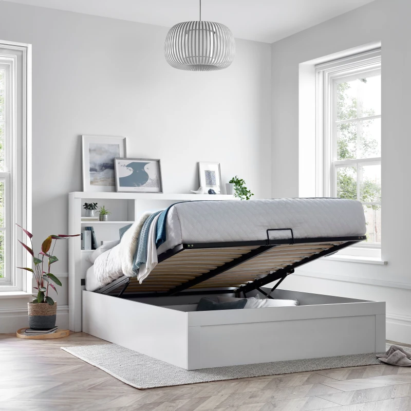 Image of Bedmaster Bedmaster Arizona Wooden Bookcase Ottoman Storage Bed And Memory Maestro Memory Foam Mattress in White Size: Double White Double Unisex 95