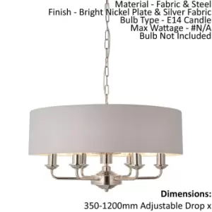 Image of Ceiling Pendant Light - Bright Nickel Plate & Silver Fabric - 6 x 40W E14