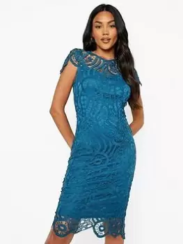 Image of Boohoo Lace Sleeve Midi Dress - Teal, Green, Size 10, Women