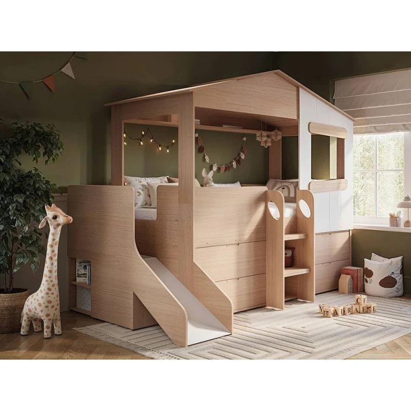 Image of Flair Dreamland House Midsleeper with Slide & Storage in Brown Size: Single Brown Unisex Single