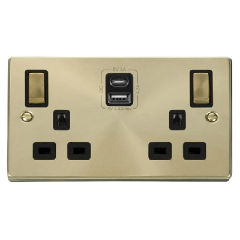 Image of SE Home Satin / Brushed Brass 2 Gang 13A DP Ingot Type A & C USB Twin Double Switched Plug Socket Gold