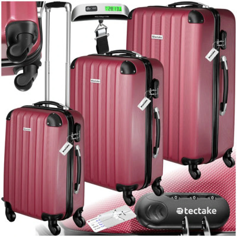 Image of Tectake Suitcases Set Of 3 - Scale, Luggage Tag, Lock Included, Swivel Wheels - Burgundy