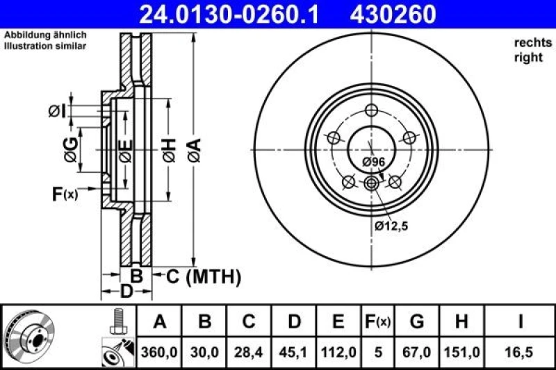 Image of Brake disc ATE 24.0130-0260.1