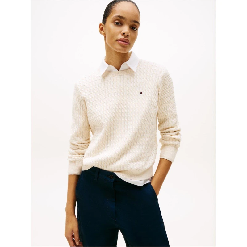 Image of Tommy Hilfiger Womens Cable Knit Jumper Heather Ivory female 8 (XS)