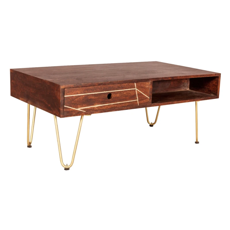 Image of Indian Hub Dark Gold Rectangular Coffee Table With Drawer