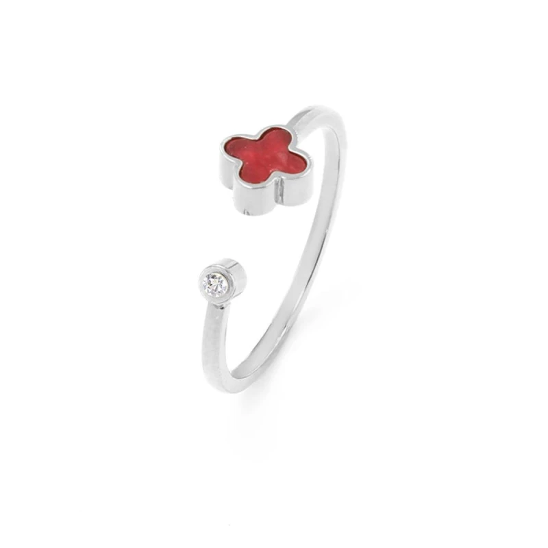 Image of Say It With Cherry Red Crystal Clover Ring - Silver Size: Adjustable Silver Unisex Adjustable