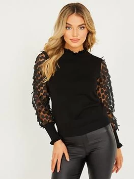 image of Quiz Black Knitted Mesh Sleeves Jumper - S