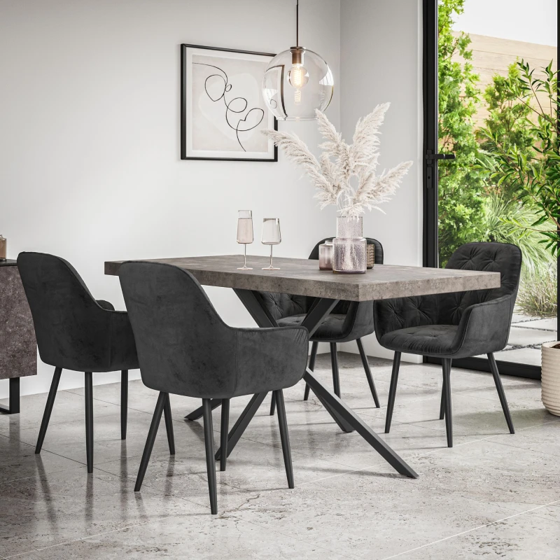 Image of More4Homes Donni Dining Table And Chairs - Concrete Effect Table Top W Black Legs + Anika Velvet Dining Chair Set Of 4 (Black)