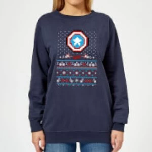 image of Marvel Avengers Captain America Pixel Art Womens Christmas Sweatshirt - Navy - L