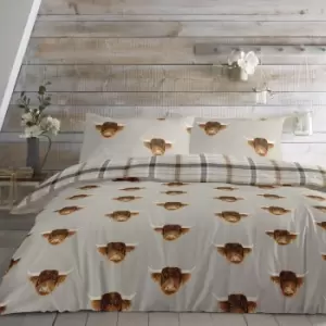 image of Fusion Highland Cow Duvet Cover and Pillowcase Set Brown, Grey and White