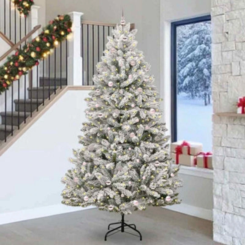 Image of vidaXL Artificial Christmas Tree with Pink Balls Green and White 270cm PVC and Metal, Green 3395777