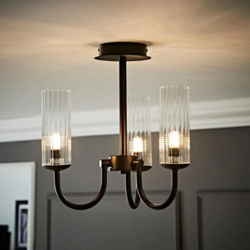 Image of ValueLights ValueLights Canya 3 Way Ribbed Glass Chandelier Style Ceiling Light in Black One Size Unisex 5016529274186