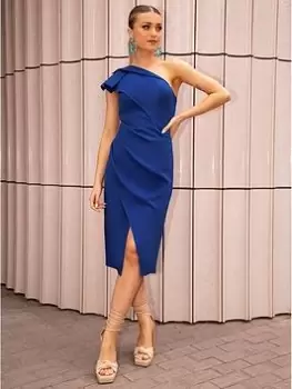 Image of Chi Chi London One Shoulder Wrap Detail Midi Dress - Navy, Size 8, Women