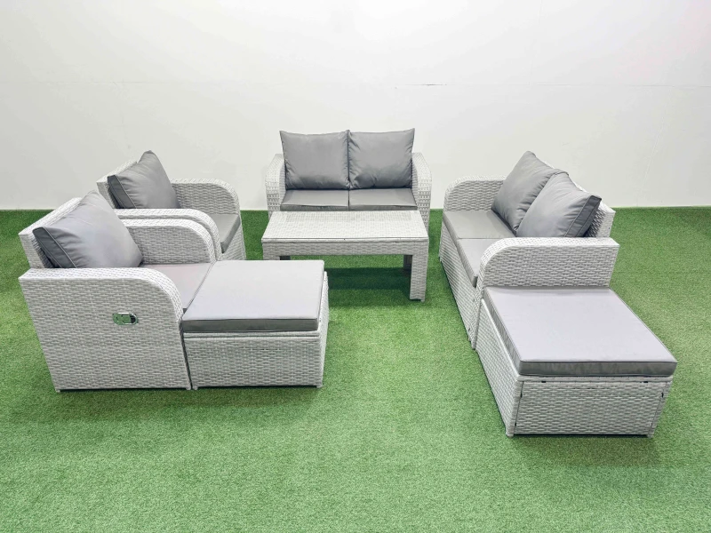 Image of Fimous 8 Seater Outdoor Reclining Chair Love Sofa Set Rattan Garden Furniture Set with Oblong Coffee Table 2 Big FootStools Light Grey Light Grey