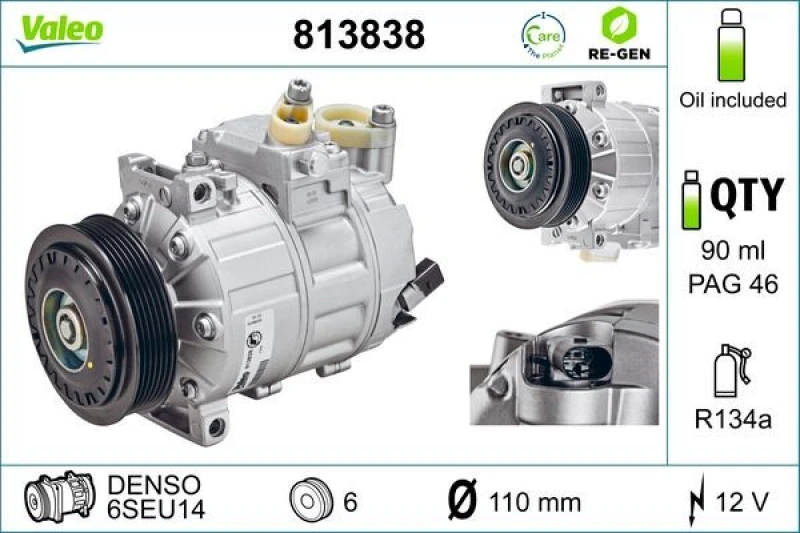 Image of VALEO 813838 AC Compressor REMANUFACTURED, PAG 46, Refrigerant: R134a, with PAG compressor oil Compressor,air conditioning (447)