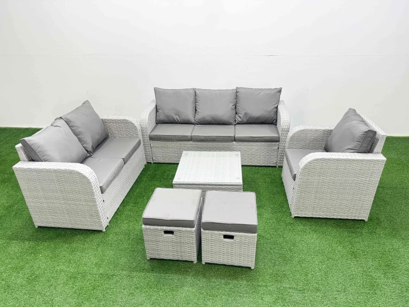 Image of Fimous Patio PE Wicker 8 Seater Outdoor Rattan Furniture Sofa Sets with Square Coffee Table Reclining Chair Loveseat Sofa 3 Seater Sofa Stool Light Gr