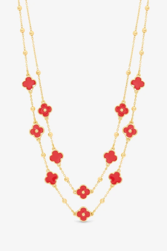 Image of Mood Womens Gold Plated & Coral Clover Double Row Necklace Coral Female One Size