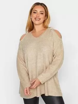 Image of Yours Embellished Cold Shoulder Top - Natural, Size 16, Women