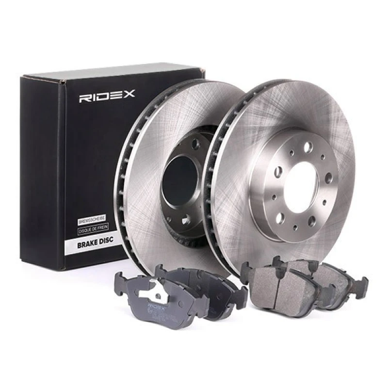 Image of RIDEX 3405B0106 Brake disc and pads set Front Axle, Brake Disc Type: Vented, excl. wear warning contact Brake Set,disc brakes (3405)