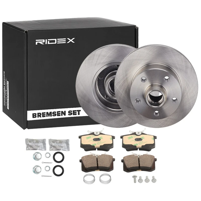 Image of RIDEX 3405B0158 Brake disc and pads set Rear Axle, Brake Disc Type: Solid, with ABS sensor ring Brake Set,disc brakes (3405)