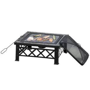 image of Outsunny Square Garden Fire Pit Square Table 842-170 w/ Grill Shelf Poker Mesh Cover Grate 76cm Black