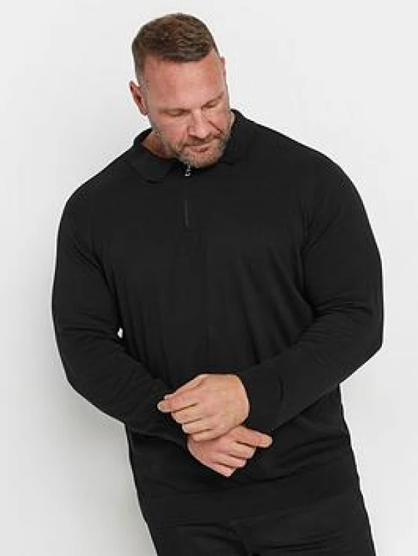 Image of BadRhino BadRhino Men Knitted Long Sleeve Zip Polo Shirt in Black Size: large Black L Male 5063111862375