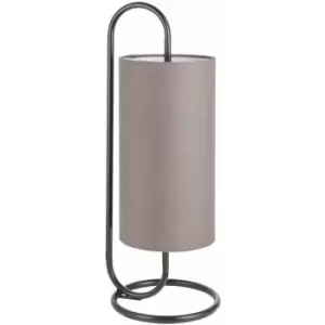 image of Modern Matt Black Oval Table Lamp Desk Light & Grey Fabric Cylinder Shade