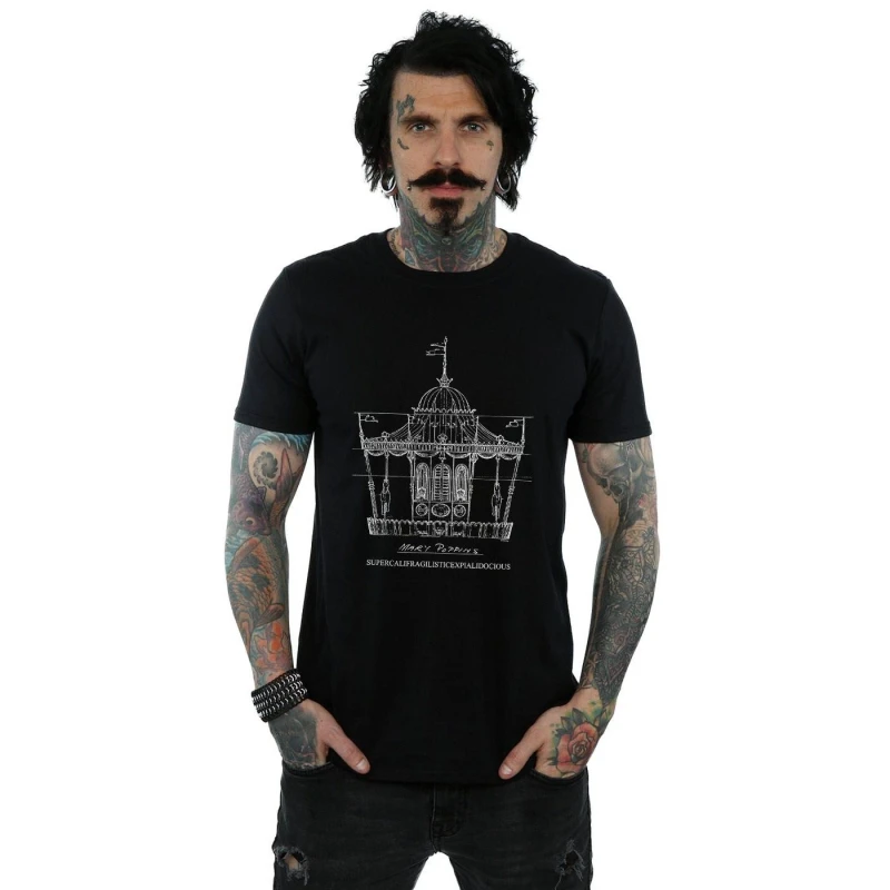 Image of Disney Men Mary Poppins Carousel Sketch T-Shirt in Black Size: Small Black S Male 5057981440580