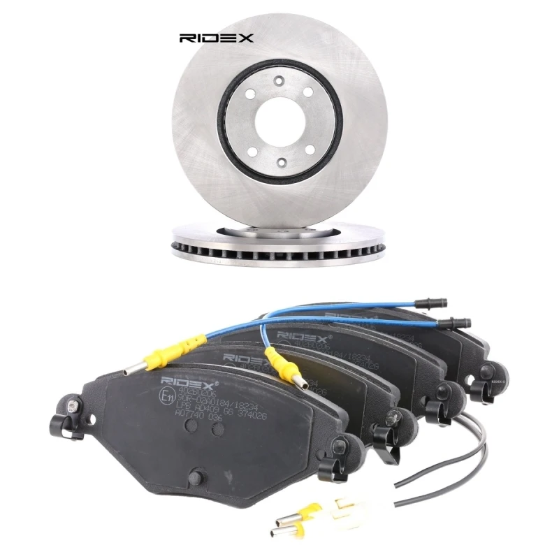 Image of RIDEX 3405B2779 Brake disc and pads set Front Axle, Brake Disc Type: Vented, incl. wear warning contact Brake Set,disc brakes (3405)