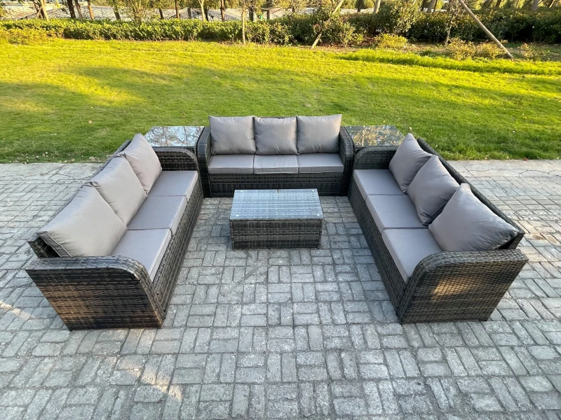 Image of Fimous Rattan Lounge Sofa Set 9 Seater Outdoor Garden Furniture Set with Rectangular Coffee Table 3 Seater Sofa 2 Side Tables Dark Grey