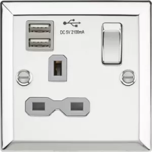 Image of KnightsBridge 13A 1G Switched Socket Dual USB Charger Slots with Grey Insert - Bevelled Edge Polished Chrome
