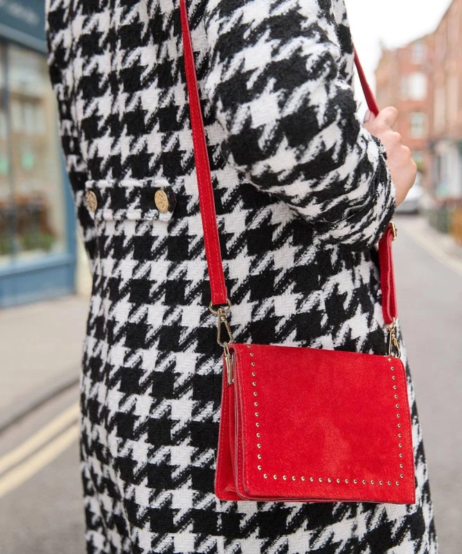 Image of Joe Browns Studded Mini Crossbody Flap Front Suede Bag Red female