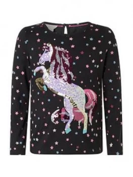 Monsoon Girls S.E.W. Sequin Horse Long Sleeve Top - Charcoal, Size Age: 12-13 Years, Women