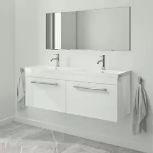 image of 1200mm White Wall Hung Double Vanity Unit with Basin and Chrome Handles - Ashford