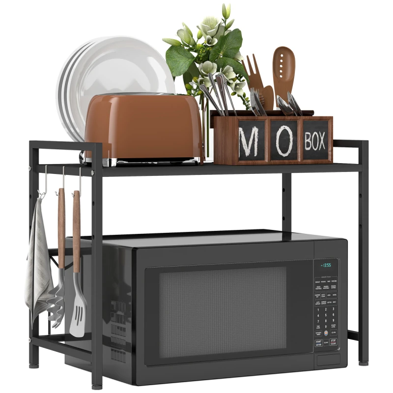 Image of HOMCOM HOMCOM 2-Tier Expandable Microwave Oven Rack with 3 Hooks, Black One Size Unisex 5063603352247
