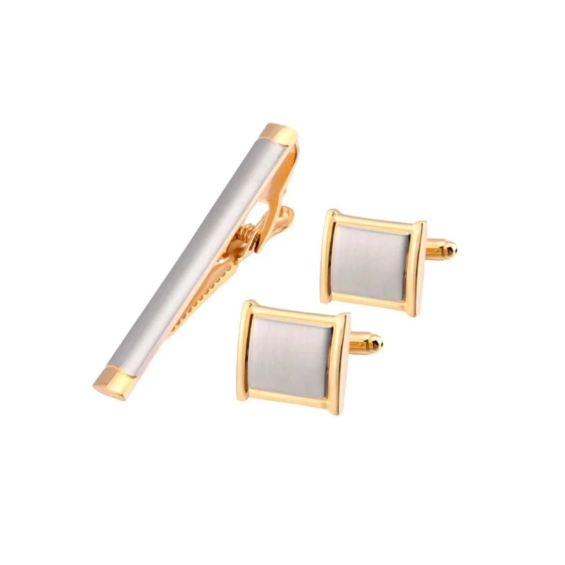 Image of Charles William Stunning Two Tone Cufflinks and Tie Clip Set Silver male