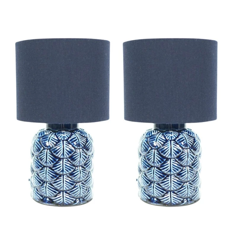 Image of ValueLights ValueLights Priyah Pair of Navy Ceramic Scallop Table Lamps with Fabric Shades in Blue Blue One Size Unisex 5059406047381
